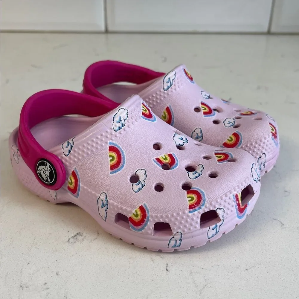 CROCS Kids Light Pink Clogs with Rainbow & Cloud Design Size 7